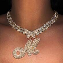 14mm Cuban Link Crystal Butterfly Letter Name Pendant Necklace, Sparkling Paved Rhinestone Cursive Letter Hip Hop Jewelry, New Arrival - Necklace - View 2