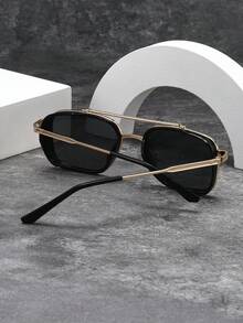 Retro Rectangular Double-Bridge Aviator Style Black Fashion Glasses, Casual Decoration & Daily Wear For Men And Women - Black - View 4