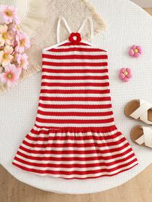 Đầm hai dây dệt kim kẻ sọc đỏ trắng cho bé gái, viền ren móc, gấu đầm xếp tầng. - Đỏ và trắng - Xem 1