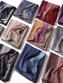 1条新款亚麻渐变蓝色围巾，复古百搭印花褶皱长围巾，适合女士，秋冬季、海滩、度假场合 - 彩色 - 查看 2