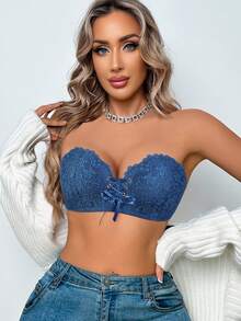Women's Blue Lace Strapless Wireless Bra - Drawstring Gathering, Breathable & Comfortable, Suitable For Vacation Wear - Blue - View 8