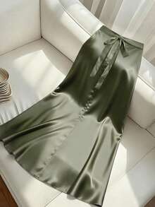 Women's Elegant Polyester A-Line Maxi Skirt With Zipper Detail, Casual Bohemian Style For Party - Mustard Green - View 3