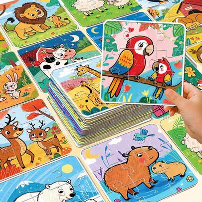 beartale 36件套动物拼图玩具套装 - 可爱的水豚、火烈鸟、狐狸和鹦鹉主题，9件蒙特梭利早教玩具，创意生日礼物，适合男孩、女孩，母亲节、儿童节礼物