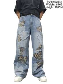 1件男士美式街头风刺绣做旧阔腿牛仔裤，宽松休闲舒适学院风毛边裤脚百搭牛仔裤（不含腰带或配饰） - 藍色 - 查看 9