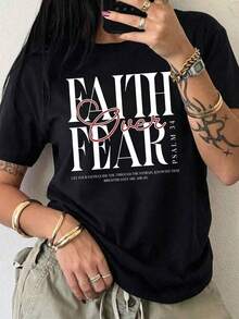 Women's Standard Christian T-Shirt | "Faith Overcomes Fear" Psalm 34 Slogan Graphic | Religious Bible Verse Letter Print Black Casual Streetwear Tee - Black - View 1