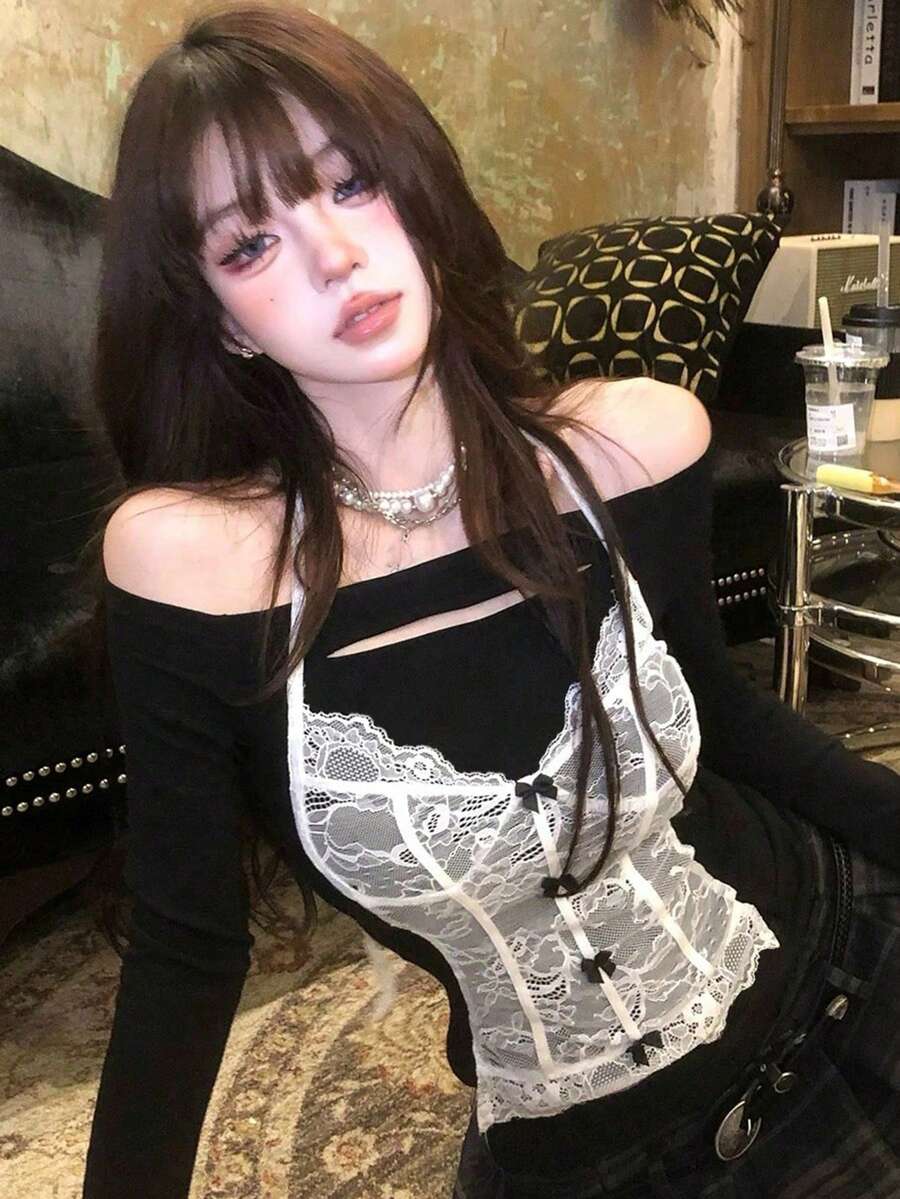 女士露肩蕾丝吊带蝴蝶结优雅长袖修身束带上衣 - 黑色 - 查看 1