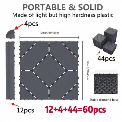 60-Piece Interlocking Courtyard Deck Tiles Set | 44 Main Tiles, 12 Edge Tiles, 4 Corner Tiles | 12-Inch Weather-Resistant Plastic Outdoor Flooring | Suitable For Garden, Balcony, Poolside  (Gloves Included)