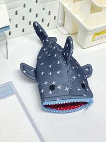 Durable Canvas Shark Shaped Pencil Case, With Cute Star Pattern, Fashionable Zipper Stationery Bag, Suitable For Teenagers And Office Use, Stationery Storage Bag, Shark Shaped Bag, Denim Style - Multicolor - View 3