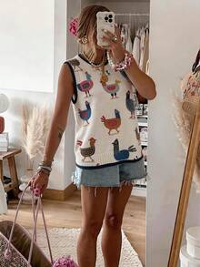 Women's Fun Chicken Pattern Knit Sweater Vest Sleeveless Round Neck Regular Length Top,Vacation Outfits,Summer Tops. - Apricot - View 4