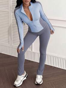 女士两件套，时尚修身撞色拉链外套和裤子套装，女士撞色拉链领运动套装，长袖带拇指孔健身上衣和高腰修身运动裤，专业瑜伽跑步健身服，春季款 - 天藍色 - 查看 4