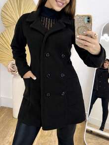 Women's Long-Sleeved Woolen Jacket/Coat For Winter, Fashion Blogger, Buttons, Overcoat - Black - View 3