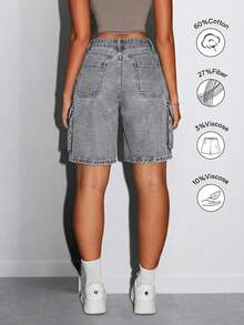 Short en jean cargo vintage streetwear pour femmes, coupe droite, sans stretch, short en jean d'été pour tenue quotidienne, tenue de vacances décontractée pour femmes - Gris pâle - Voir 2