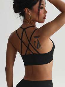 Women's Solid Color Removable Padding V-Neck Criss-Cross Back Knit Sports Bra, Black, Autumn - Black - View 2