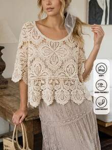 Áo kiểu ren khoét lỗ phong cách Bohemian mùa hè dành cho nữ | Áo sơ mi tay ngắn dáng rộng phù hợp cho kỳ nghỉ, lễ hội, khu nghỉ dưỡng và các lễ hội âm nhạc. - Màu be - Xem 1