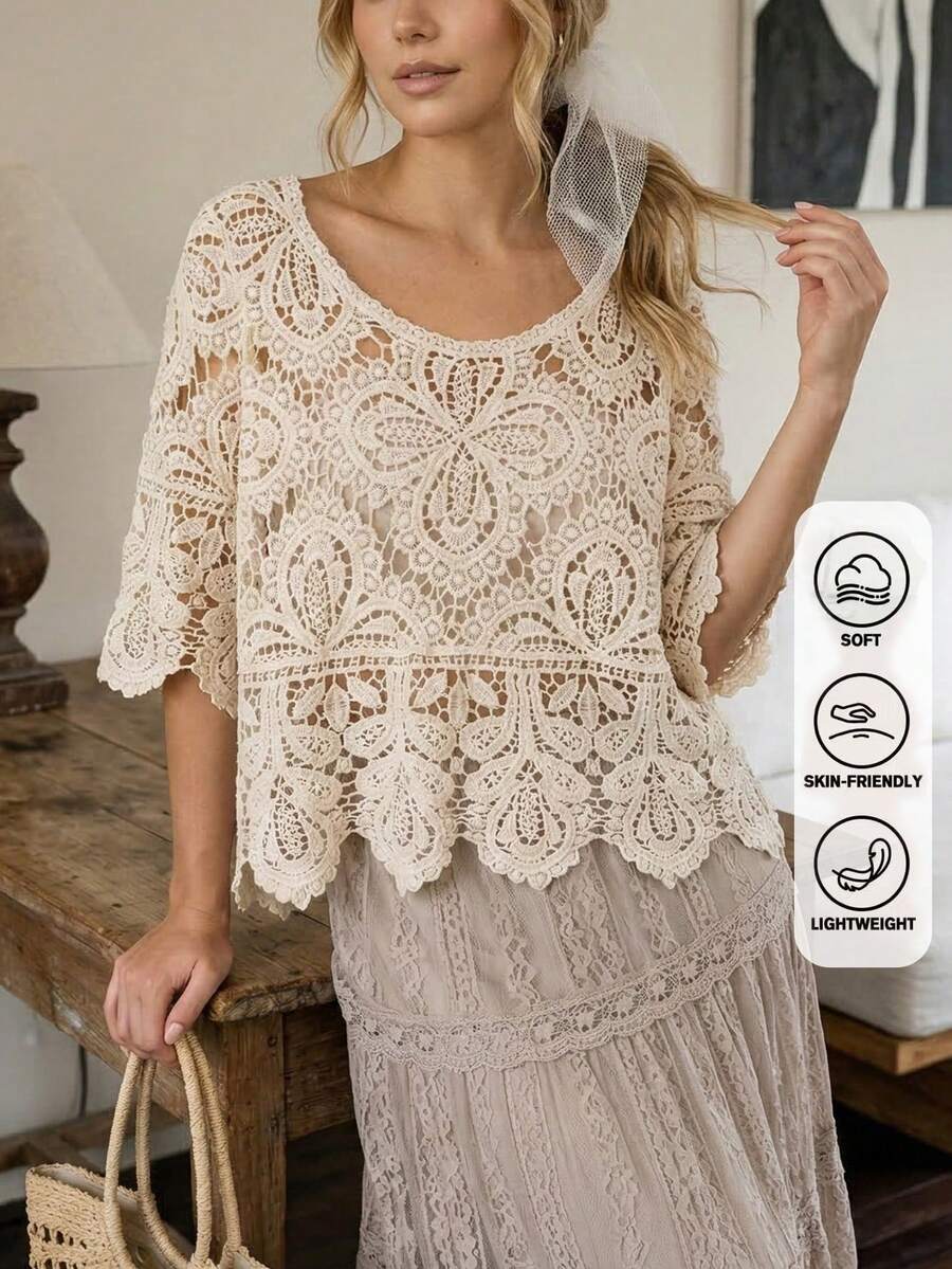 Áo kiểu ren khoét lỗ phong cách Bohemian mùa hè dành cho nữ | Áo sơ mi tay ngắn dáng rộng phù hợp cho kỳ nghỉ, lễ hội, khu nghỉ dưỡng và các lễ hội âm nhạc. - Màu be - Xem 1