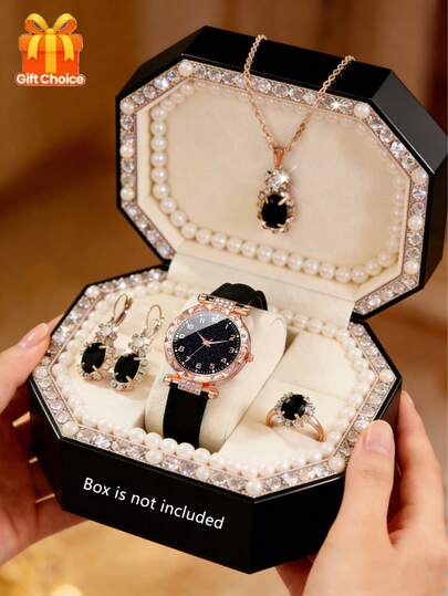 Bộ 5 chiếc đồng hồ thạch anh mặt số lấp lánh thanh lịch dành cho nữ, kèm theo dây chuyền, nhẫn và bông tai pha lê thời trang, thích hợp cho nữ giới đeo hàng ngày, làm quà tặng sinh nhật/ngày lễ, du lịch, trang trí tiệc tùng, hoàn hảo cho tiệc tốt nghiệp, sự kiện trong khuôn viên trường, lễ kỷ niệm gia đình, quà tặng tốt nghiệp lý tưởng, quà tặng Ngày của Mẹ dành cho phái nữ.
