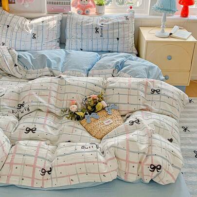 3pcs Blue & White Plaid Duvet Cover Set, Black Playful Heart, Letter & Bow Print Duvet Cover With Tie Corners And Zipper Design, Minimalist Cute Bedding Set, Including 1*Duvet Cover + 2*Pillowcases, Super Soft Polyester, Duvet Cover & Pillowcases Without Insert, Suitable For All Seasons