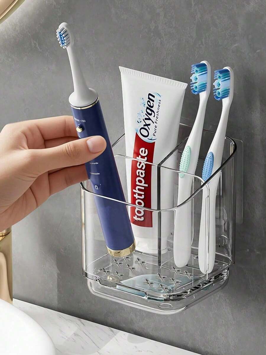 2pcs/1pc Transparent Toothbrush Holder With Compartments, Wall Mounted Storage Rack, Creative No-Drill Bathroom Organizer For Toothbrush, Comb And Razor, Home Bathroom Decor