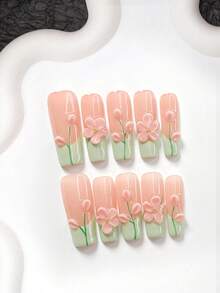 10件套3D立体花卉手工美甲套装，包含凝胶美甲套装、手工制作的五瓣花朵和线条美甲装饰、绿色指甲油，优雅的春夏风格，附赠美甲工具（1个果冻贴纸+1个指甲锉），三种尺寸可选：杏仁形、鸭嘴形、棺材形，适合派对、日常佩戴、拍照、春夏通勤等场合。 - 彩色 - 查看 13