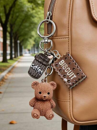 1pc Coffee & Teddy Bear Keychain Bag Pendant, Cute & Quirky Accessory For Bags & Keys! Featuring A Knitted-Style Teddy Bear, A Miniature Coffee Cup, A Coffee Bean, And A Shiny Heart Charm, Mini Resin Bag Charm, Women's Fashion Accessory, Family Keychain, Bag Decoration, Headphone Pendant, Mobile Phone Case Pendant, Car Keychain, Bag Charm, For Purse/Backpack/Notebook Decoration & Key Fob Accessory, Holiday Gift, Birthday Gift,Mother's Day Gift