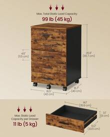 VASAGLE File Cabinet, Mobile Pedestal Filing Cabinet With Wheels, Printer Stand With 5 Drawers, Tool-Free Sliding Rails, For Study, Home Office - Rust Brown - View 5