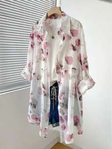 Camisa tipo cardigan de manga larga con botones, estampado retro elegante de teñido anudado, diseño único, corte holgado estilizador, protección solar para mujeres - rosa - Ver 1