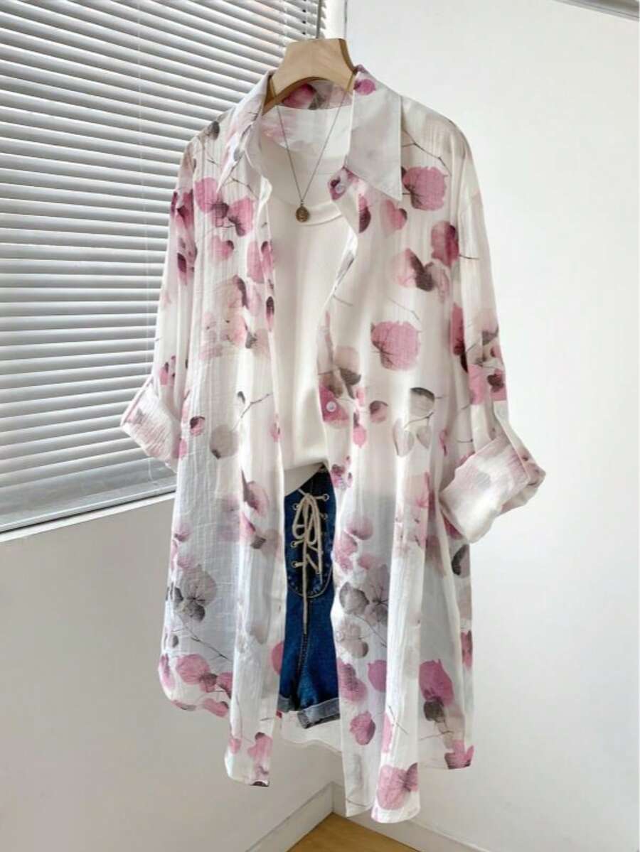 Camisa tipo cardigan de manga larga con botones, estampado retro elegante de teñido anudado, diseño único, corte holgado estilizador, protección solar para mujeres - rosa - Ver 1