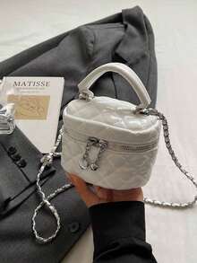 New Fashion Classic Multifunctional Waterproof PU Material, Quilted Diamond Pattern Women's Handbag, Lightweight And Easy To Carry, Zipper Closure Design, Chain Decor Slanted Round Box Bag, Wallet, Suitable For Shopping, Travel, Commuting And Other Occasions. - 米色 - 查看 6