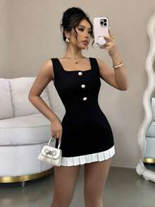 GOODAA  Vestido informal con botones delanteros, tirantes anchos y parchwork en blanco y negro para mujer - Negro - Ver 2