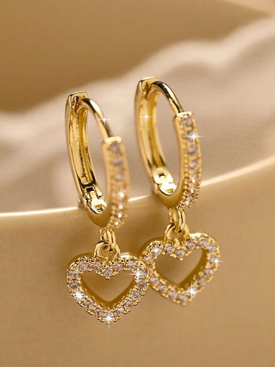 1 Pair Fashionable Cubic Zirconia Heart Stud Earrings, Minimalist Design For Teenagers - Multicolor - View 1