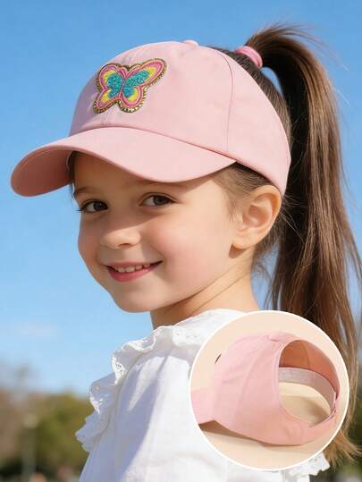 1顶儿童蝴蝶图案水洗棒球帽，可调节户外遮阳帽，适合春季、秋季旅行和海滩活动