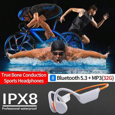 VAORLO Hot Swimming Bone Conduction Headphone Bluetooth 5.3 Hifi Stereo Bass Music Bone Conduction Wireless Headphone Built-In (32G) Memory MP3 Music Player IPX8 Waterproof Swimming Diving Headset Ear-Hook Sports Noise Reduction Cycling Fitness Earphone With Microphone Compatible With Mobile Phones, Laptops And Desktop Computers