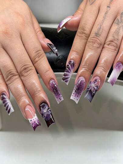 24Pcs Flower Press On Nails Coffin Armor Fake Nails Purple Floral Nail Press Ons Glossy Full Cover Reusable Stick On Nail For Women Girls Manicure