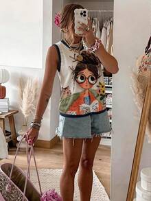 Stylish Women's Knit Sweater Vest With Quirky Girl Graphic Print, Regular Length And Soft Slight Stretch Knitwear,Vacation Outfits,Summer Tops. - Apricot - View 5