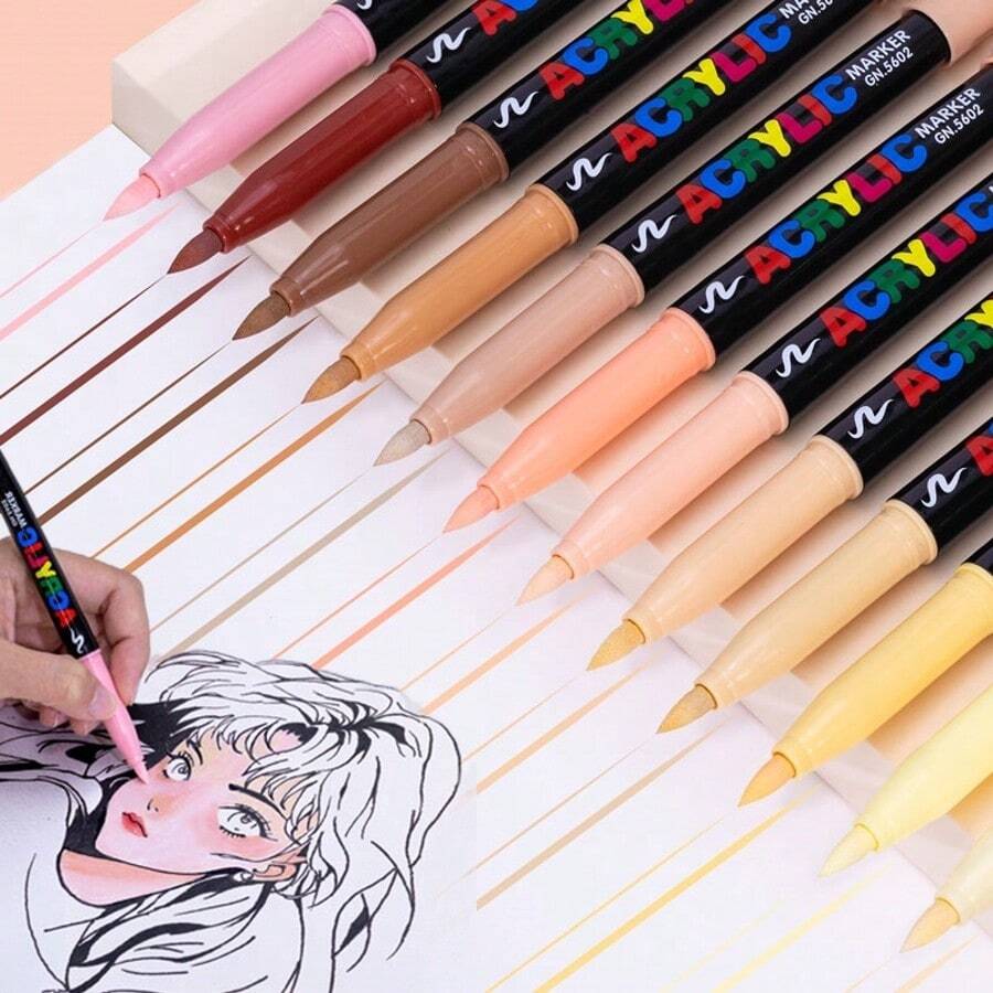 Bộ bút dạ màu da 12/24/48 màu, bút vẽ acrylic đầu mềm, khô nhanh, thích hợp cho thủy tinh, vải, minh họa, phác thảo, vẽ tranh, kim loại, các dự án DIY, đồ dùng cần thiết cho năm học mới. - Bộ - Xem 1
