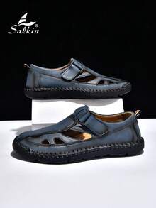 Salkin 男士手工缝制沙滩凉鞋，夏季户外休闲鞋，简约时尚镂空拖鞋，适合户外和度假穿着，舒适透气防滑 - 藍色 - 查看 3