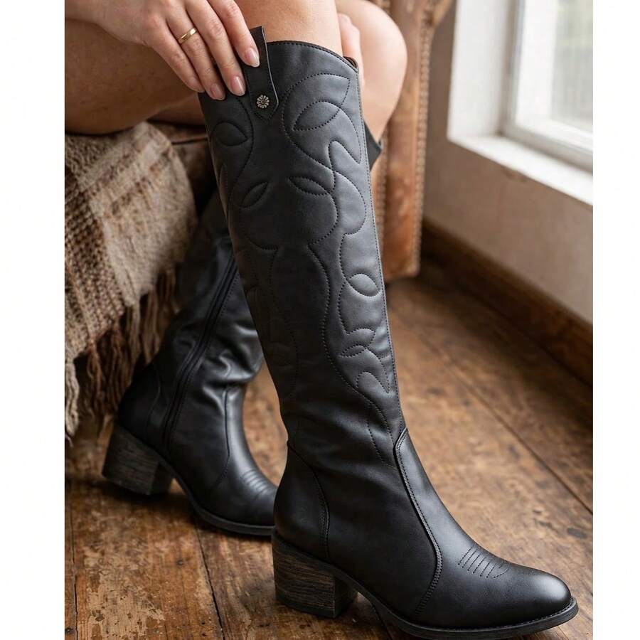 Women's Off-White Knee-High Boots, Rodeo Style, Boots With Embroidery, Casual Style - 黑色 - 查看 1