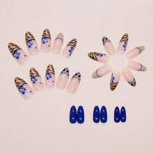 24 miếng dán móng tay kiểu Pháp ombre màu xanh ngọc, họa tiết da báo và hình hạnh nhân (dài vừa) + 1 gel dán móng + 1 dụng cụ mài móng. - Nhiều màu - Xem 5