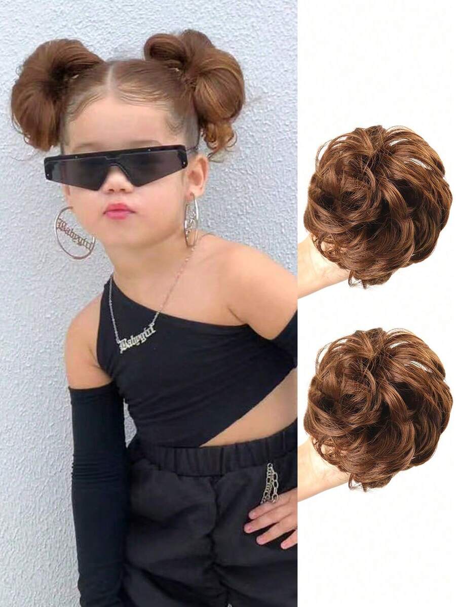 2 chiếc vòng cài tóc giả hình đầu Maruko dễ thương, tóc nối cho trẻ em, tóc giả trẻ em, tóc giả hình nụ hoa cho bé gái, vòng cài tóc giả, tóc dài, túi đựng tóc giả, búi tóc.