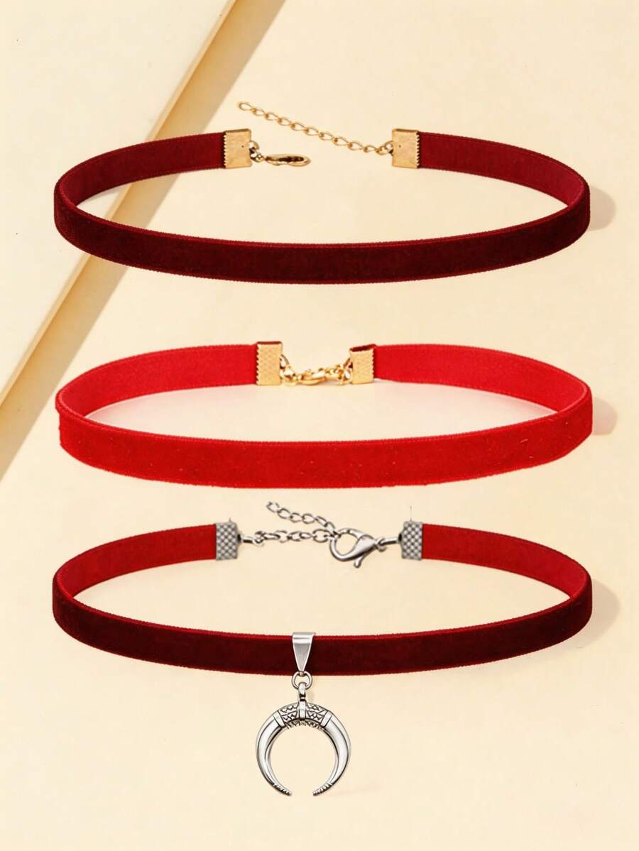 Bộ 3 món dây chuyền nhung phong cách retro dành cho nữ - Dây chuyền hình trăng lưỡi liềm, dây chuyền cổ và dây chuyền cài cổ. - Nhiều màu - Xem 1