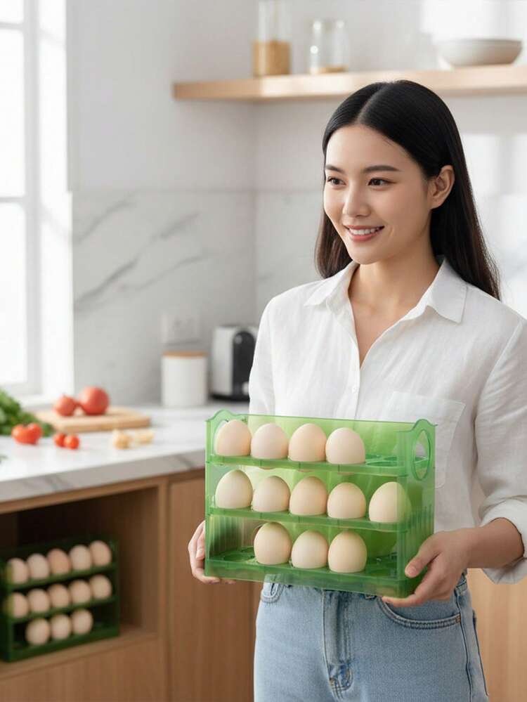 1个透明三层鸡蛋收纳盒，厨房鸡蛋架，适用于冰箱、橱柜、架子和台面收纳，适合复活节、母亲节等场合，可用作鸡蛋托盘。 - 彩色 - 查看 8