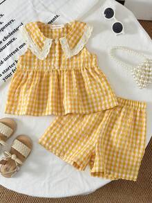 bearleader 2pcs/Set Girls' Cute Plaid Print Woven Fabric Lace Trim Camisole And Shorts Set, Summer Outfit - Yellow - View 1