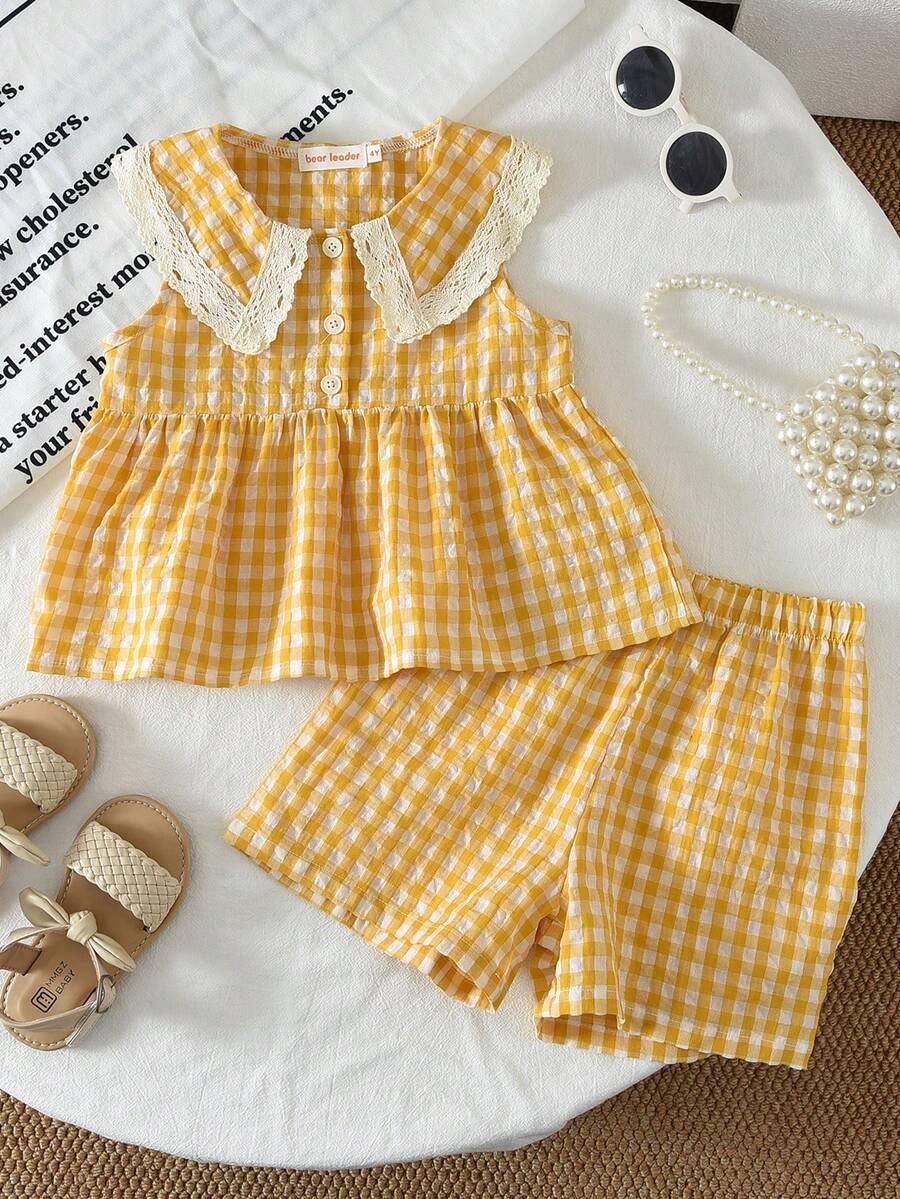 bearleader 2pcs/Set Girls' Cute Plaid Print Woven Fabric Lace Trim Camisole And Shorts Set, Summer Outfit - Yellow - View 1