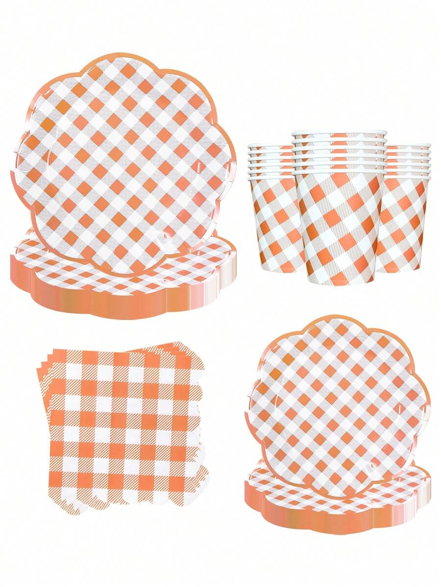 Set de 10 piezas/20 piezas/50 piezas/80 piezas de suministros para fiesta a cuadros naranja - Platos, vasos, servilletas de papel a cuadros naranja y blanco - Conjunto de vajilla con borde festoneado adecuado para picnics, fiestas de cumpleaños para hombres y mujeres - Cuadros naranjas y blancos - Ver 1