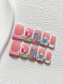 10pcs Gentle & Cute Handmade Nail Art Set, Including Gel Nail Kit, Starfish, Seashell And Other Ocean-Themed Nail Decorations, Handcrafted 5-Petal Flowers And Striped Accents, Green, Blue And Purple Nail Polishes, Suitable For Summer Vibrant Style. Comes With Nail Tools (1 Jelly Sticker + 1 Nail File). Available In 3 Shapes: Almond, Duck Mouth, Coffin. Suitable For Parties, Daily Wear, Parties, Photo Shoots, Spring/Summer Commute. - 彩色 - 查看 18