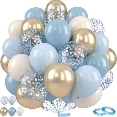 10-Inch Blue And Gold Balloons, Retro Dusty Blue Gold Metallic Gold White Paper Balloons, Latex Balloons For Wedding, Baby Shower, Gender Reveal, Birthday Party Decorations