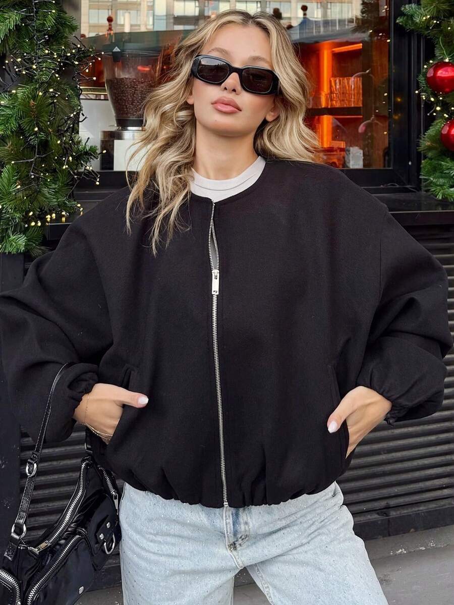 Jaket Wanita Musim Gugur/Dingin dengan Resleting, Jaket Bomber, Pakaian Luar Pendek, Hitam, Krem, Jaket Bomber Abu-abu, Jaket Pendek Lengan Panjang, Jaket Baseball Suede Krem Musim Semi - Hitam - View 1