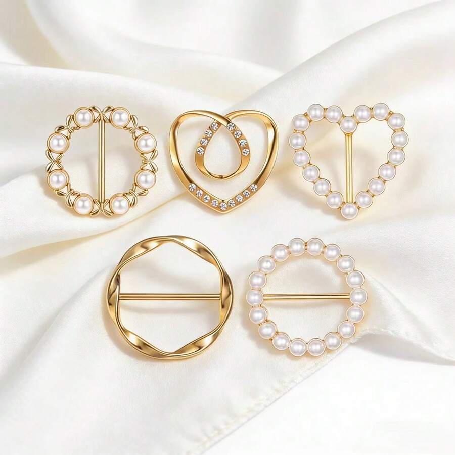 5个金色丝巾夹，T恤领带夹，丝巾扣，衬衫腰带扣，时尚金属服装扣环，适合女士服装配饰，女士礼物，5种款式，沙滩，假日