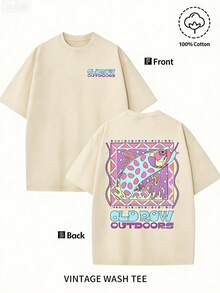 2026 Men's Washed Pure Cotton Short Sleeve T-Shirt Old Row Colorful Trout Outdoor Print  Vintage Top High-Quality Fashionable Soft Comfortable Daily Wear Party Creative Gift, High-Quality Wax Printed Cotton Retro Fashion Brand T-Shirt, Men's T-Shirt, Beach Must-Have, Men's Summer T-Shirt, Holiday Gift, Perfect Gift, Valentine's Day Gift - Màu be - Xem 2