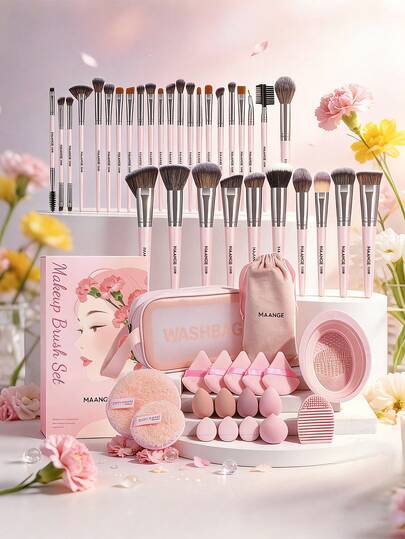 MAANGE 51件套超值化妆工具套装，包含32支专业化妆刷套装、1个绒布袋、1个洗脸袋、1个刷蛋、1个刷碗和15个粉扑配件。化妆刷套装包含粉底刷、腮红刷、散粉刷、眼影刷、高光刷、鼻影刷、修容刷、眉刷、唇刷和睫毛刷。母亲节礼物、送给母亲和女性的礼盒、送给女性和女孩的礼物、节日惊喜礼物。